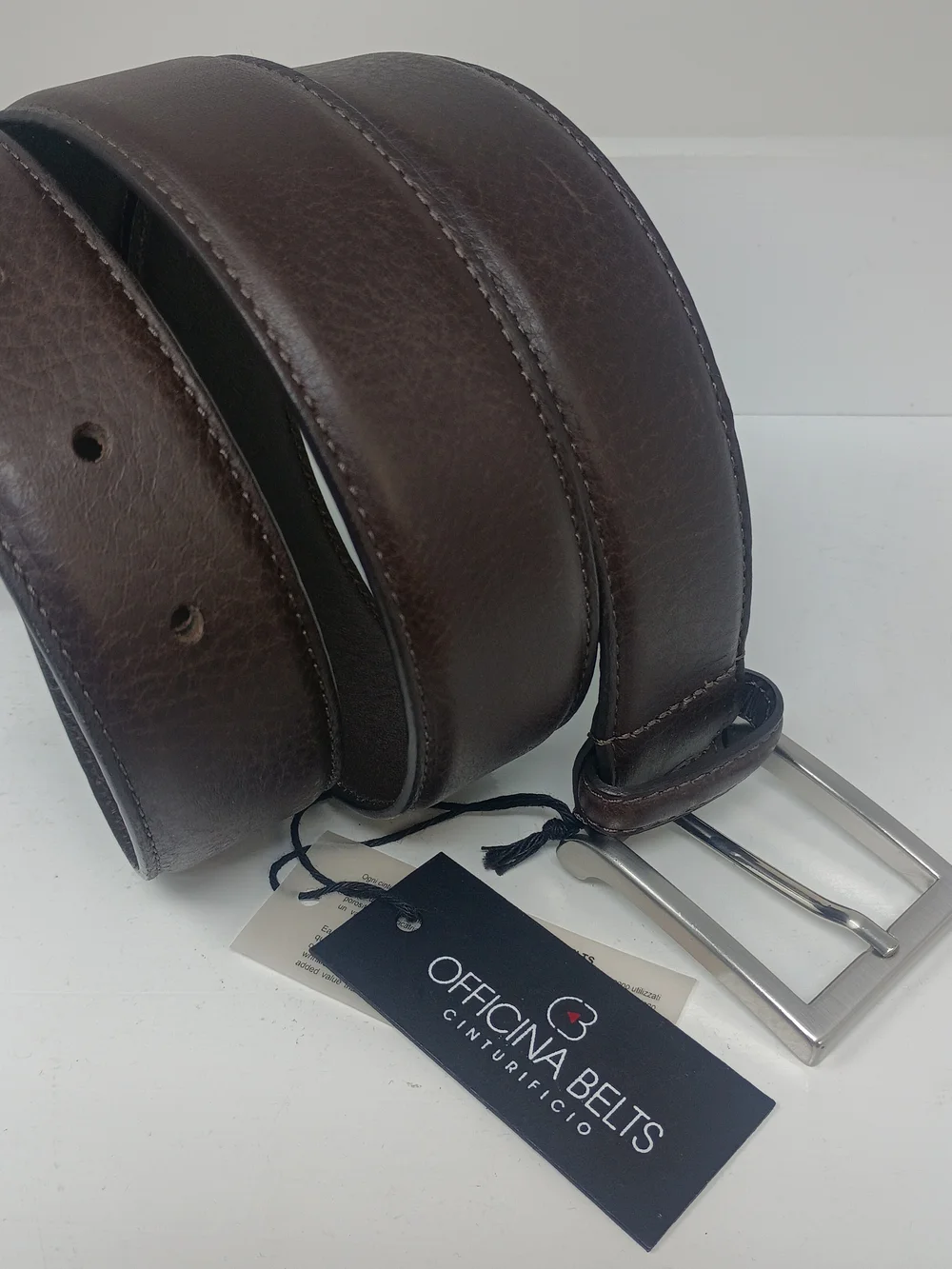 Men's Italian Officina, Brown Genuine Leather Belt with Silver Buckle